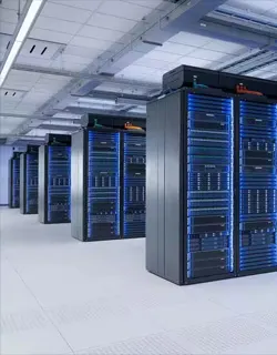 Professional IT network engineer in modern glass server room
